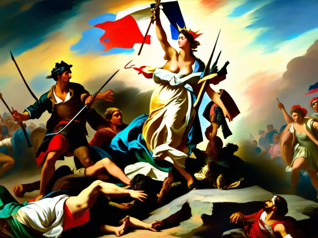 Un retrato detallado y vibrante de 'La Libertad guiando al pueblo' de Delacroix, capturando el liderazgo del Romanticismo Francés