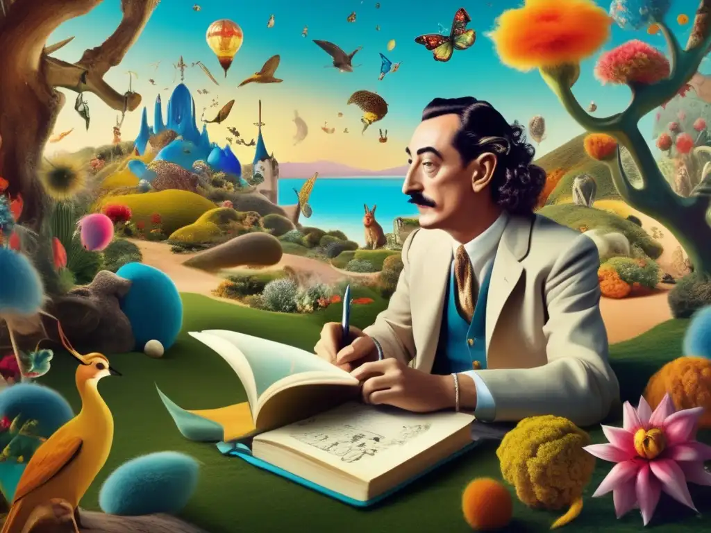 Un retrato detallado y vibrante de Salvador Dalí en un jardín surrealista, dibujando con pasión