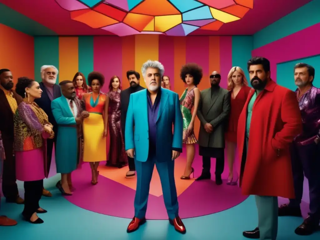 Un retrato de alta resolución y detalle de Pedro Almodóvar en un vibrante set de cine, rodeado de actores y equipo