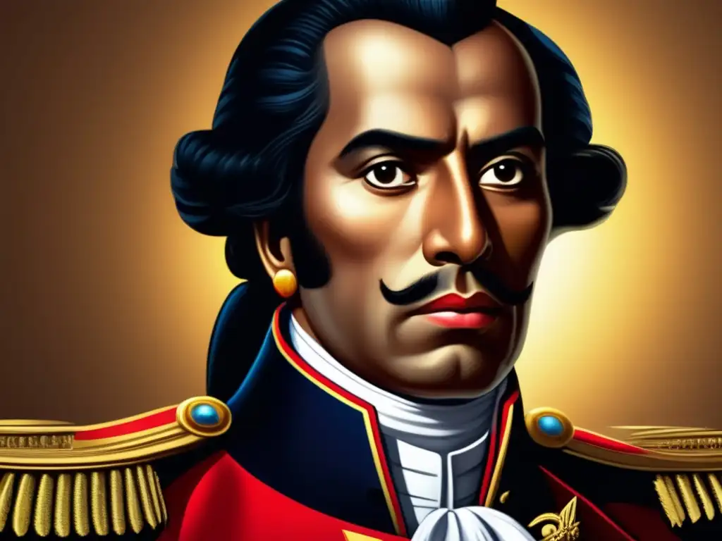 Un retrato de Simón Bolívar en alta definición, mostrando su determinación en los ojos