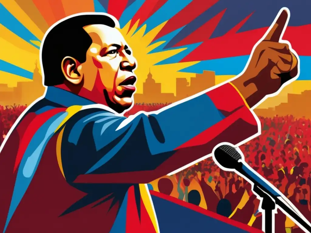 Un retrato digital de Hugo Chávez durante un apasionado discurso, rodeado de colores vibrantes y pinceladas dinámicas que capturan la energía de la Revolución Bolivariana