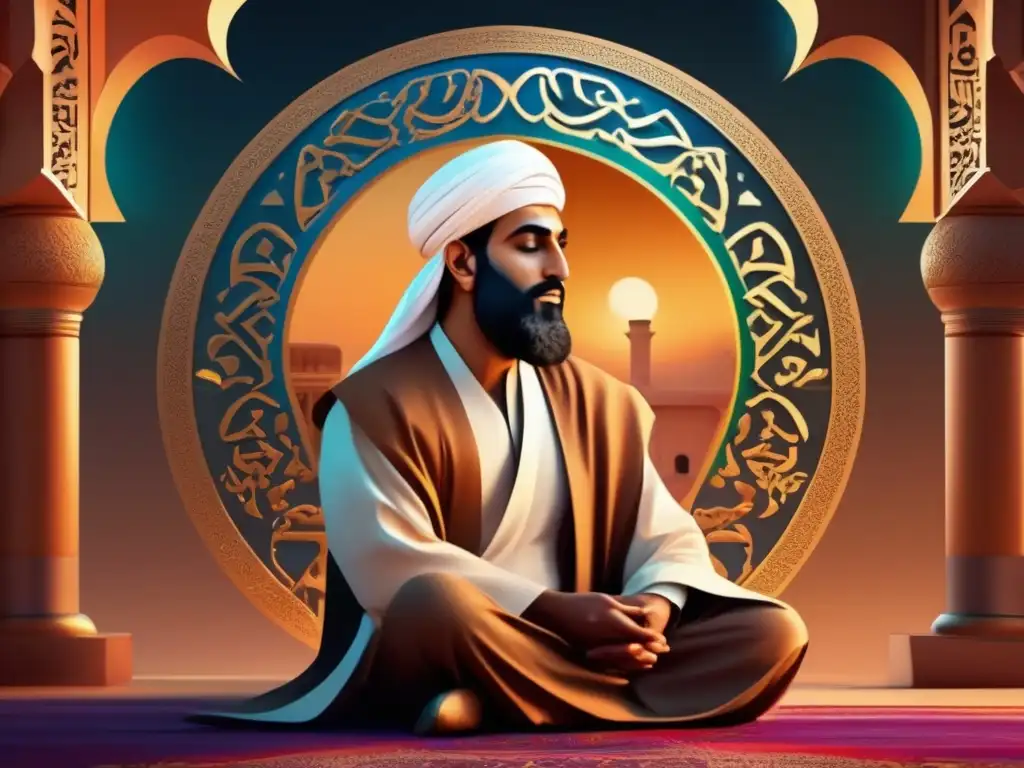 Meditación de Ibn Arabi: Arte digital y sabiduría divina Retrato digital de Ibn Arabi inmerso en profunda contemplación, rodeado de intrincada caligrafía árabe que simboliza amor divino y sabiduría sufí