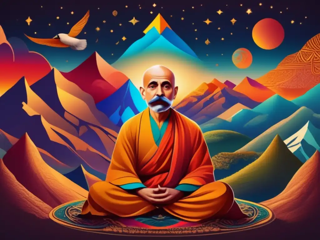 Un retrato digital asombroso en 8k de George Gurdjieff meditando en la cima de una montaña, rodeado de símbolos filosóficos orientales y occidentales