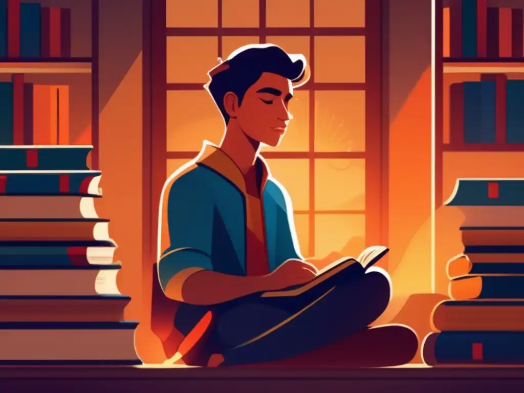 Agustín de Hipona en reflexión: ilustración digital impactante Un retrato digital asombroso de Agustín de Hipona inmerso en la contemplación rodeado de libros y pergaminos en una habitación tenue