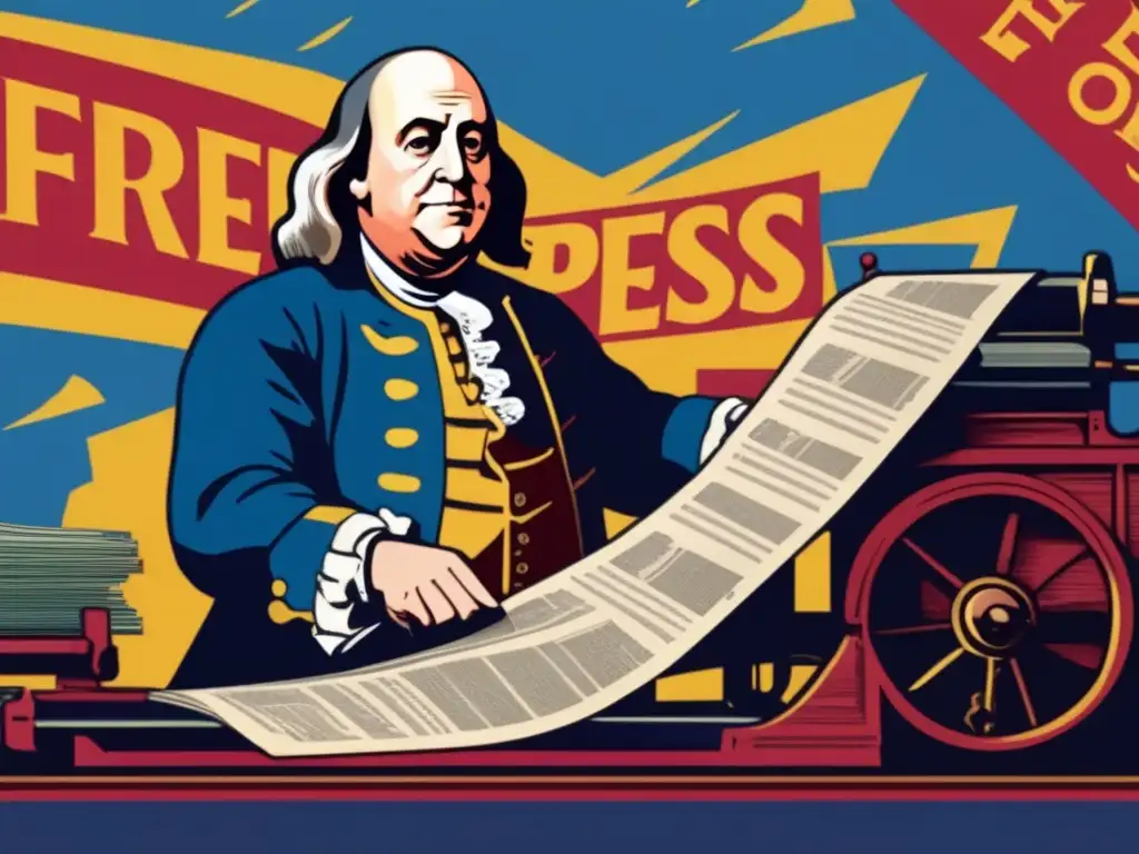 Un retrato digital asombroso y moderno de Benjamin Franklin en una imprenta rodeado de periódicos