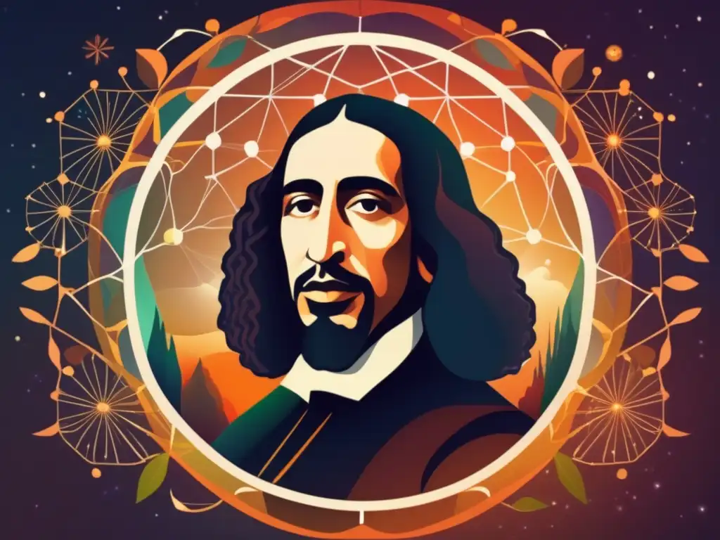 Un retrato digital de Baruch Spinoza inmerso en la visión panteísta de la naturaleza, con energía vibrante y colores dinámicos