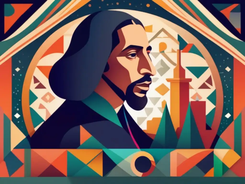 Un retrato digital de Baruch Spinoza inmerso en pensamientos, rodeado de patrones geométricos y elementos naturales