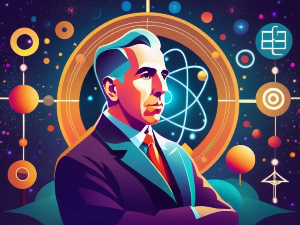 Un retrato digital de alta resolución de Niels Bohr en pose contemplativa, rodeado de símbolos atómicos y cuánticos