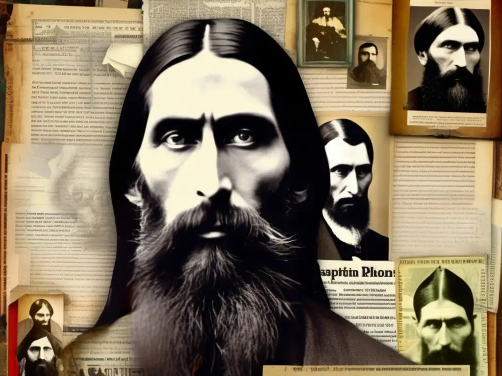 Un retrato digital caótico y artístico de Rasputín, con capas de fotografías históricas, recortes de periódicos y cartas superpuestas