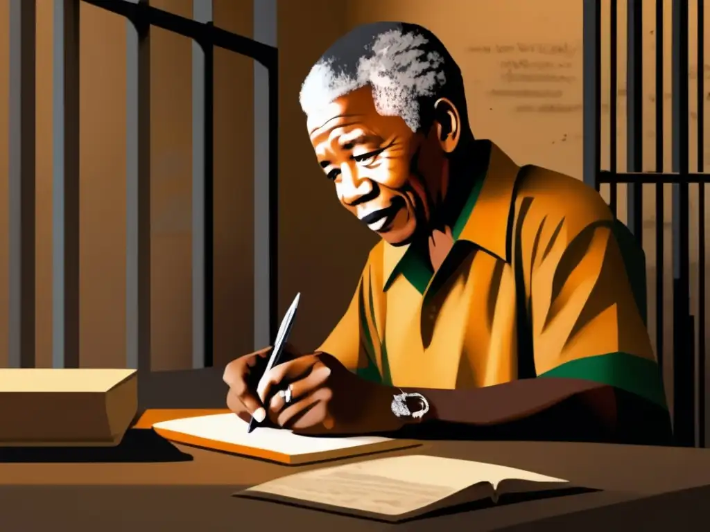 Un retrato digital de alta resolución de Nelson Mandela en su celda, escribiendo cartas con determinación y resiliencia