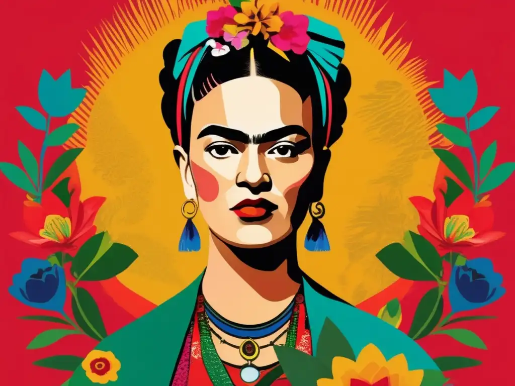 Retrato digital de Frida Kahlo con colores vibrantes y detalles simbólicos, capturando su legado artístico y activista