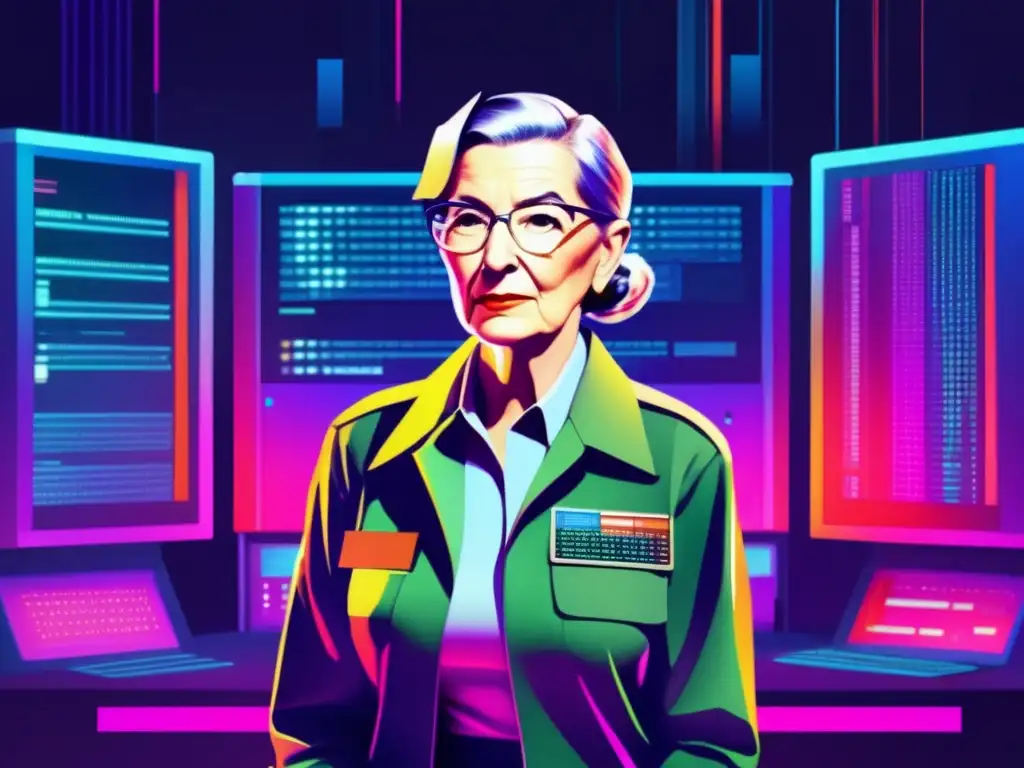 Biografía de Grace Hopper en un retrato digital con colores vibrantes y elementos tecnológicos, mostrando su determinación frente a un gran ordenador