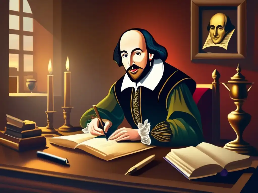 Un retrato digital de alta resolución de William Shakespeare concentrado en su escritura, rodeado de plumas, tinteros y pergamino