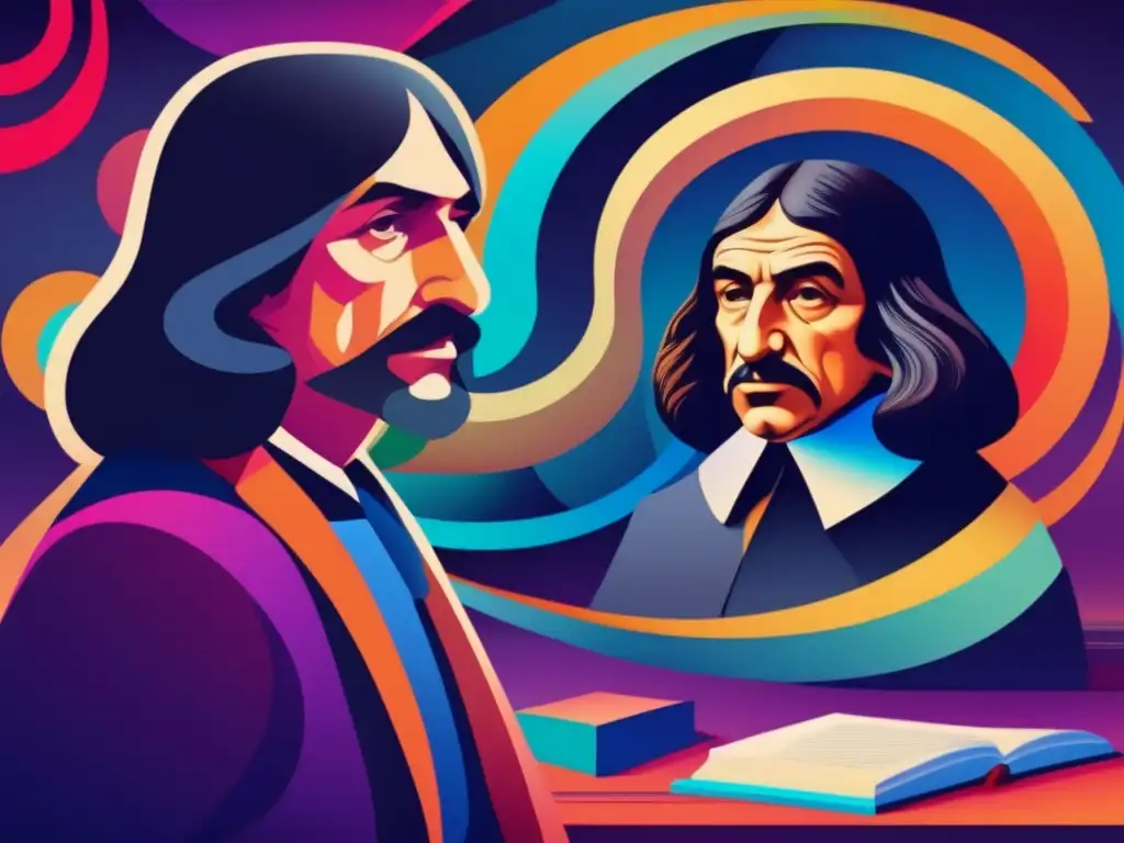 Un retrato digital de René Descartes inmerso en sus reflexiones filosóficas, rodeado de formas abstractas que representan sus pensamientos