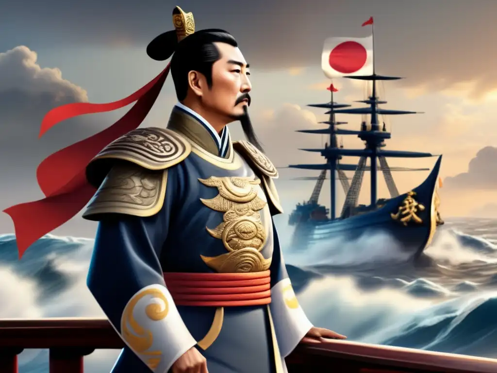 Determinación en el horizonte: Almirante Yi Sunsin y su poderosa armada naval Un retrato digital detallado del almirante Yi Sunsin en la cubierta de un barco de guerra, mirando determinado hacia el horizonte