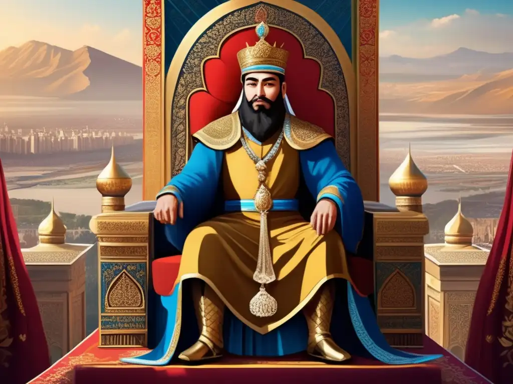 Un retrato digital detallado de Timur, conocido como Tamerlán, en su trono imperial, rodeado de lujo y poder