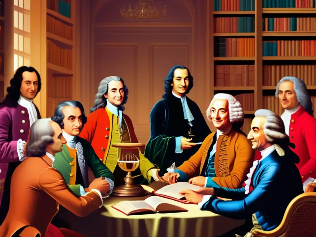 Un retrato digital detallado de Voltaire y otros destacados pensadores del siglo XVIII disfrutando de una animada discusión en un salón ilustrado