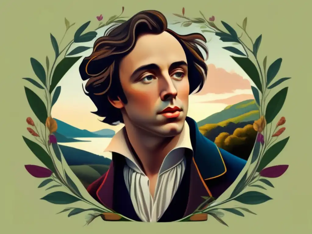 Un retrato digital detallado y emotivo de John Keats, rodeado de elementos que evocan la era romántica