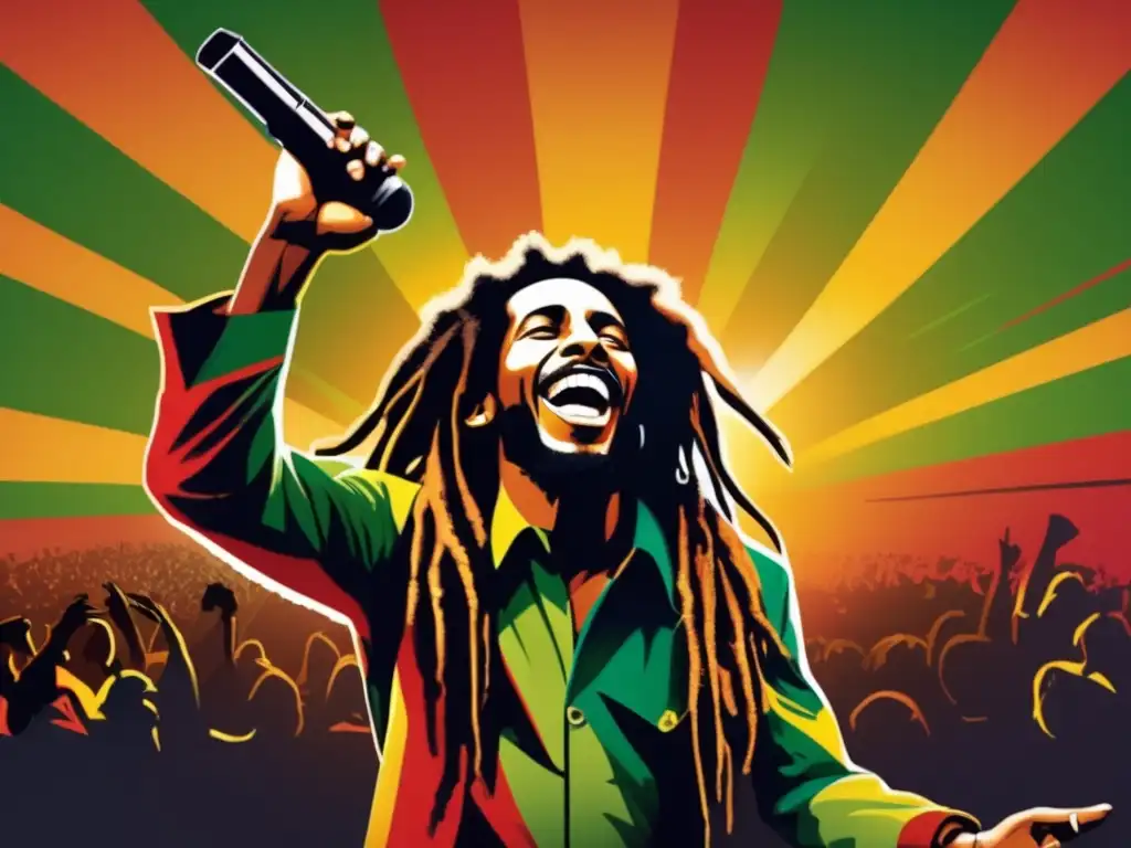 Un retrato digital detallado de Bob Marley actuando en el escenario, su melena icónica ondeando mientras canta apasionadamente en un micrófono