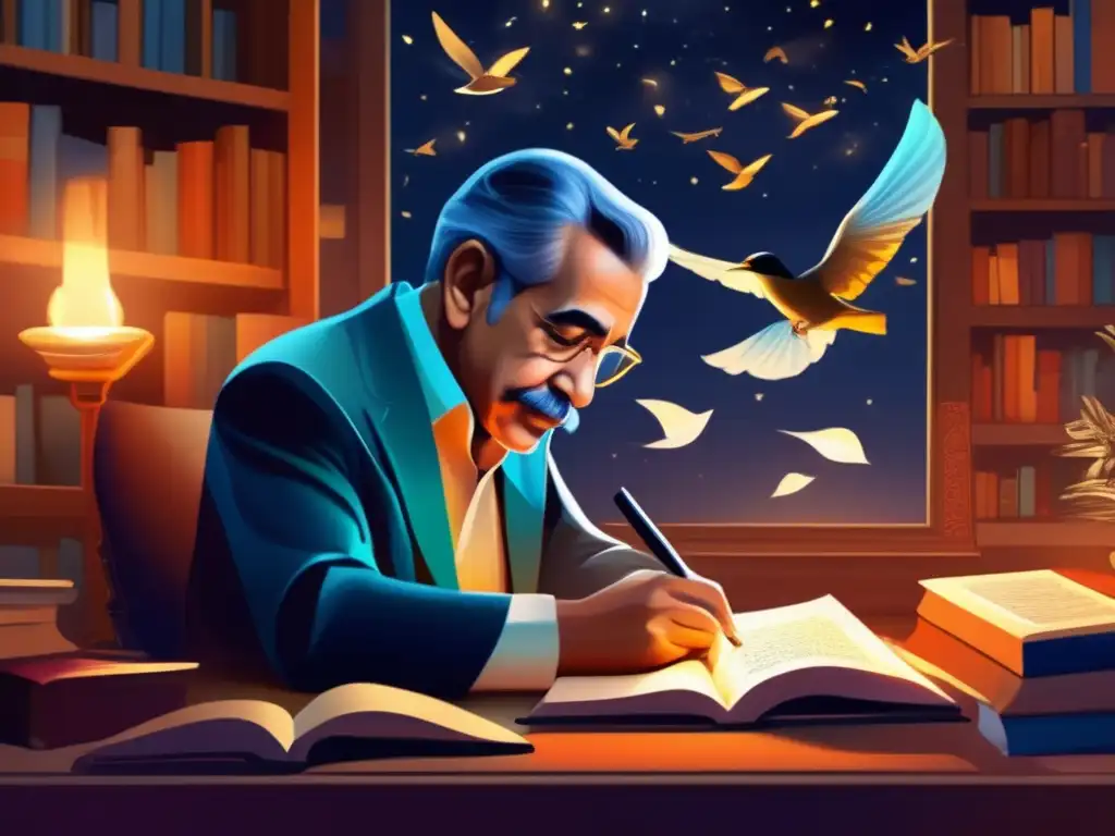 Retrato digital detallado de Gabriel García Márquez en su escritorio, rodeado de elementos mágico-realistas