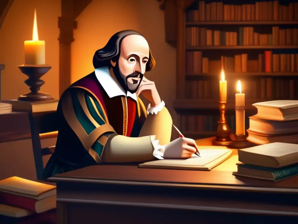 Un retrato digital detallado de William Shakespeare en su escritorio, rodeado de plumas, pergamino y libros