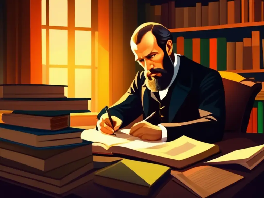 Un retrato digital detallado de Fiodor Dostoyevski en su escritorio, inmerso en su travesía psicológica