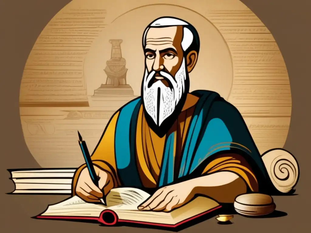 Un retrato digital detallado de Heródoto, el 'Padre de la Historia', inmerso en la escritura rodeado de pergaminos y artefactos históricos, capturando su esencia como pionero de la historiografía