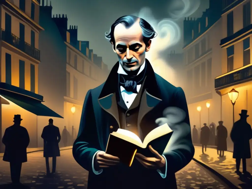 Un retrato digital detallado y moderno de Charles Baudelaire en una calle parisina iluminada por la tenue luz de las farolas y envuelta en niebla