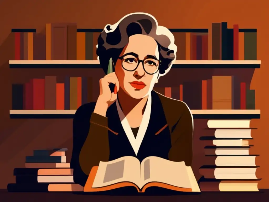 Un retrato digital detallado y moderno de Hannah Arendt inmersa en sus pensamientos, rodeada de libros y papeles, con una expresión contemplativa