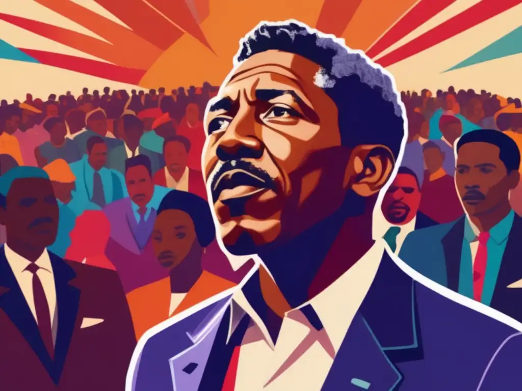 Un retrato digital detallado de Bayard Rustin con una multitud diversa detrás, simbolizando la lucha por los derechos civiles