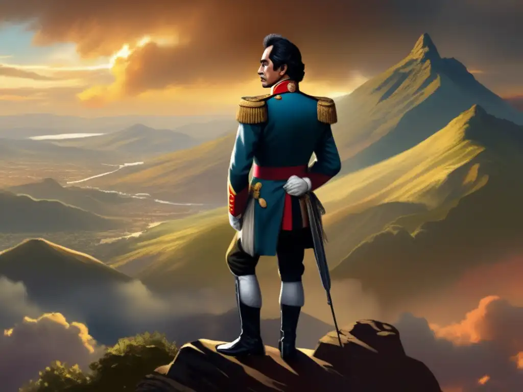 Un retrato digital detallado de Simón Bolívar en un paisaje dramático de guerra en la lucha por la independencia