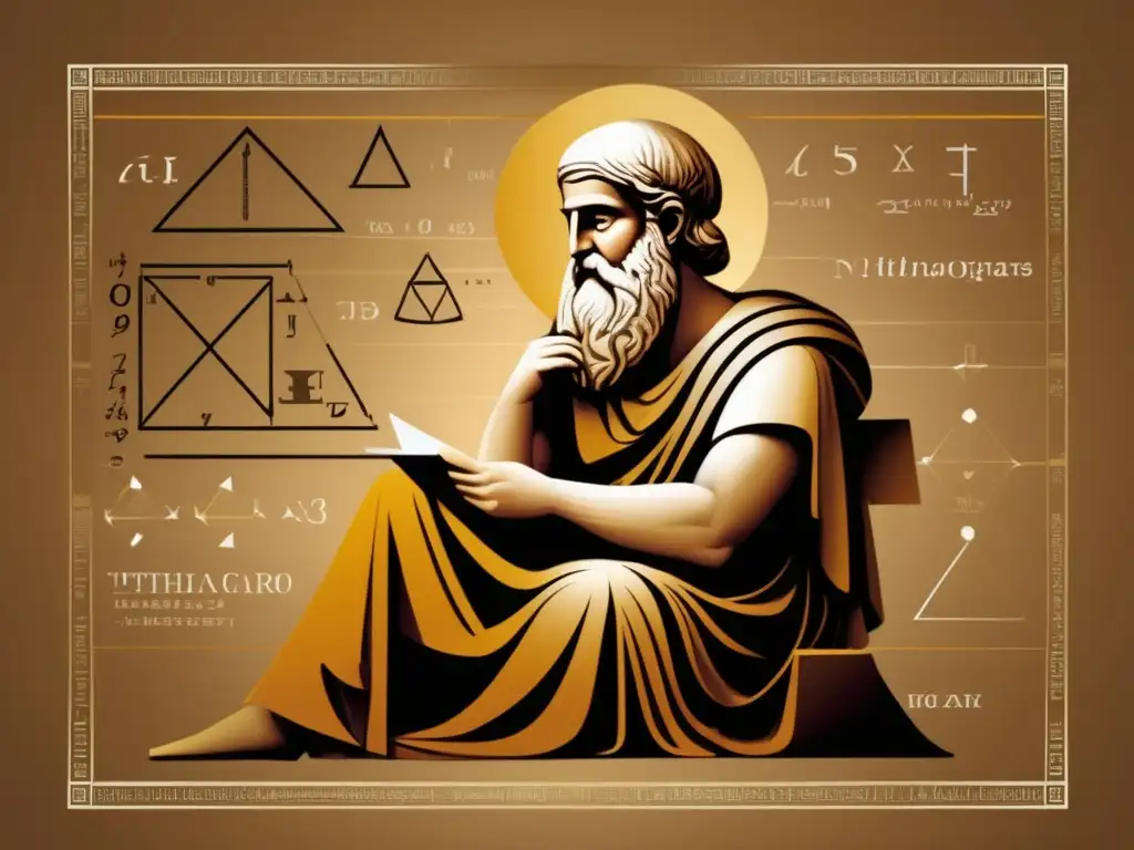 Un retrato digital detallado de Pitágoras, rodeado de símbolos y ecuaciones geométricas