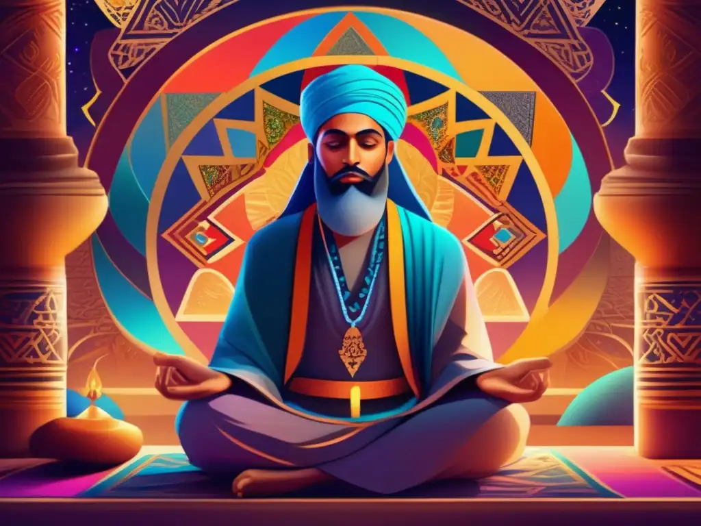 Meditación mística: pintura digital 8k de Ibn Arabi Un retrato digital 8K detallado de Ibn Arabi en contemplación, rodeado de vibrantes patrones geométricos y símbolos místicos