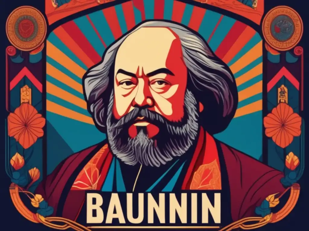 Un retrato digital detallado de Mikhail Bakunin rodeado de elementos simbólicos, como cadenas rotas y personas en solidaridad