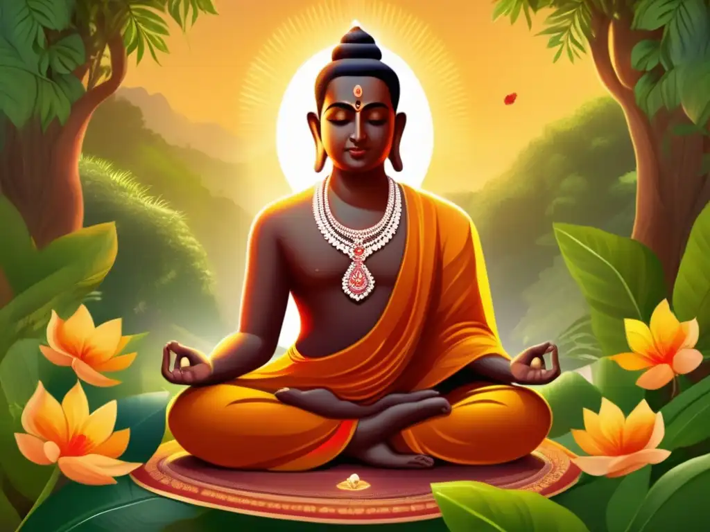 Un retrato digital detallado de Shankara Bhagavatpada meditando en un entorno exuberante y luminoso, evocando serenidad y sabiduría
