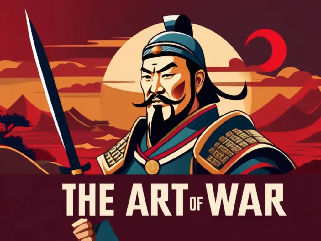 Un retrato digital detallado en 8k de Sun Tzu con expresión seria, armadura china y libro 'El arte de la guerra'