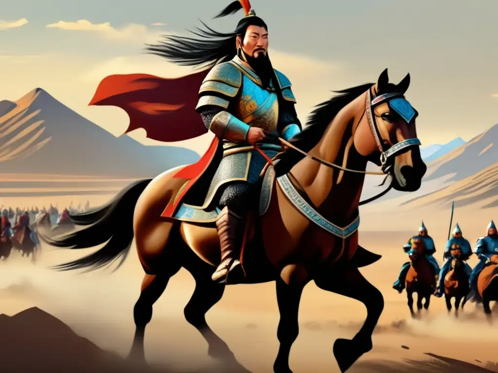 Un retrato digital detallado de Genghis Khan liderando un vasto ejército a través de la estepa mongola