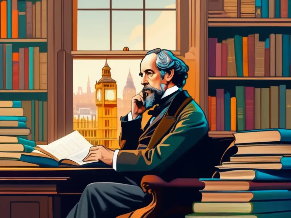 Un retrato digital de alta resolución de Charles Dickens en su escritorio, rodeado de libros y papeles