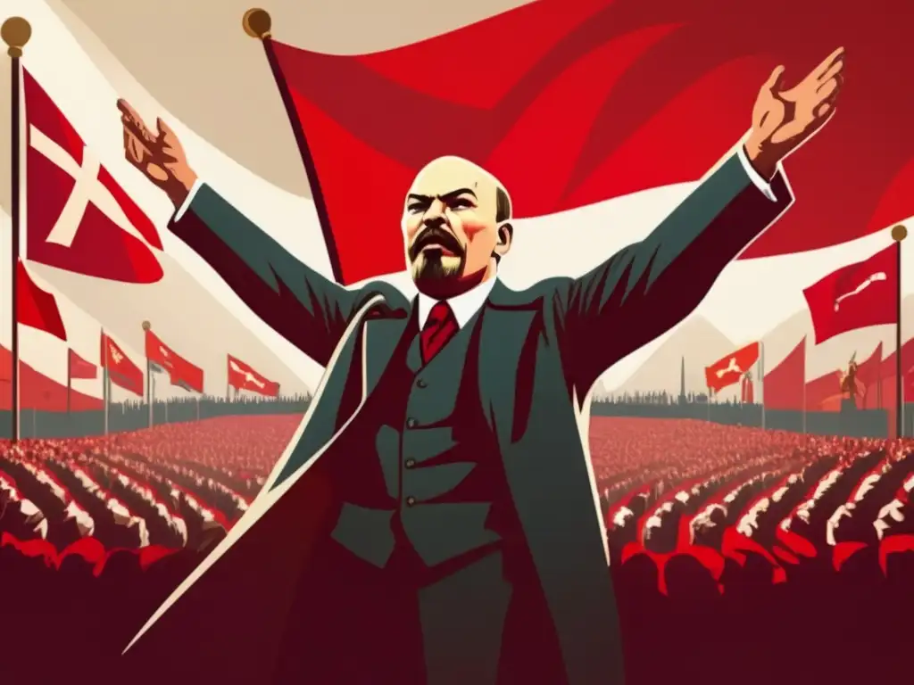 Un retrato digital de alta resolución de Lenin dando un discurso apasionado frente a una multitud, con banderas y pancartas revolucionarias