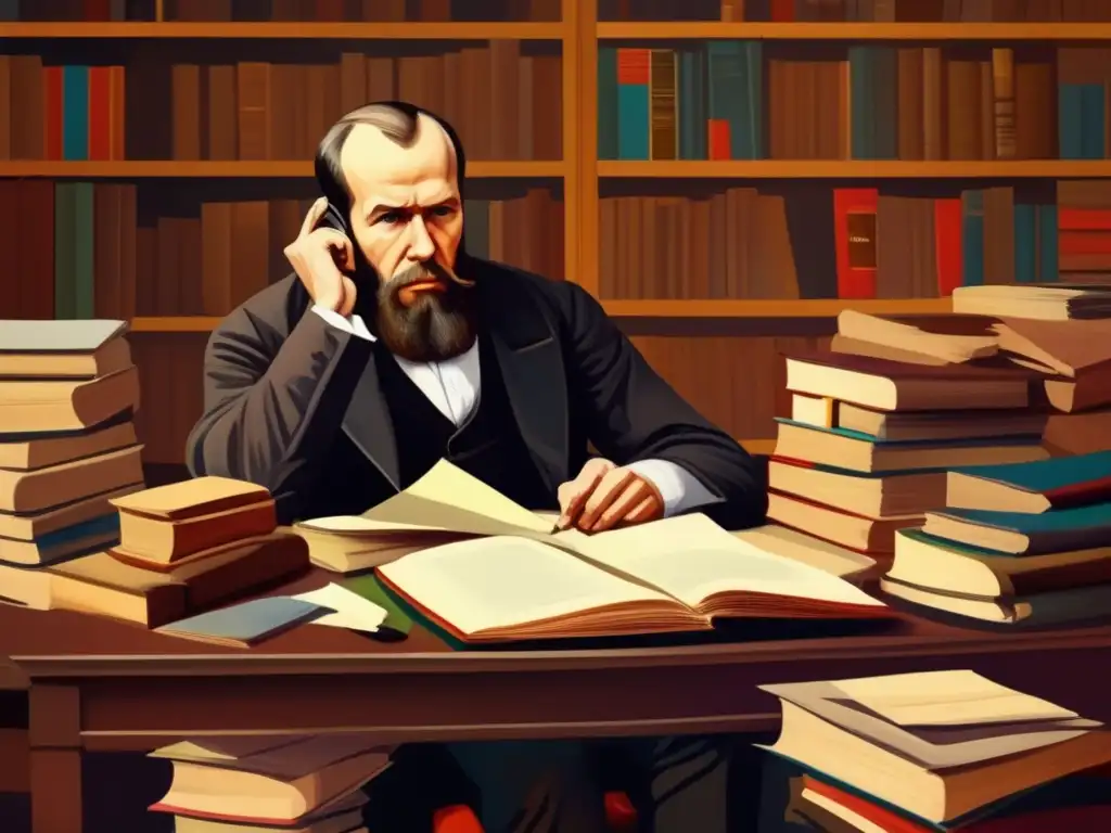 Un retrato digital de Fyodor Dostoevsky en su escritorio, reflejando la intensa concentración del autor