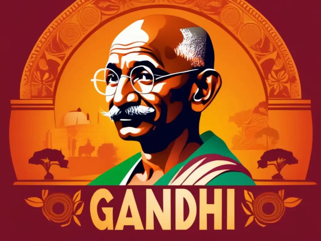Un retrato digital de alta resolución y estilo moderno de Mahatma Gandhi como joven, rodeado de escenas de su vida temprana