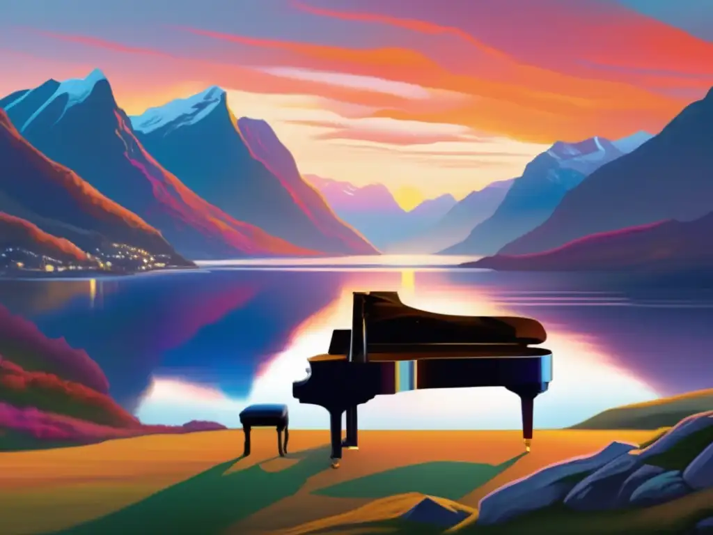 Un retrato digital de alta resolución y estilo moderno de Edvard Grieg frente a un majestuoso fiordo noruego al atardecer