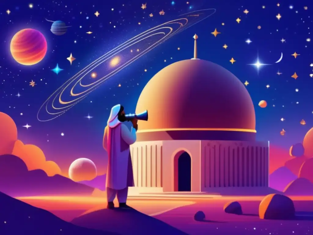 Un retrato digital de Abu Rayhan alBiruni estudiando las estrellas en un observatorio antiguo