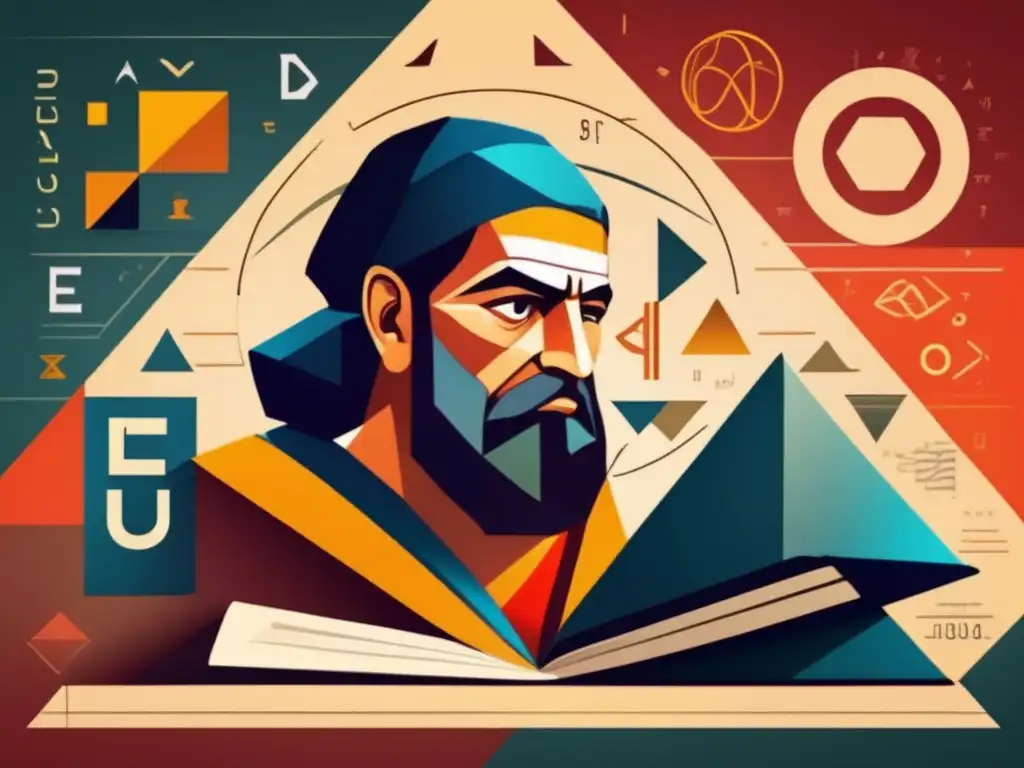 Un retrato digital de Euclides rodeado de formas geométricas y ecuaciones, destacando su legado y su influencia en las matemáticas