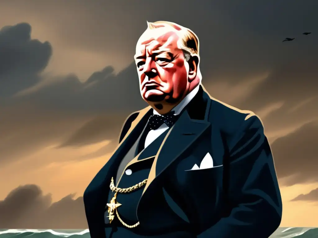 Un retrato digital de alta resolución de Winston Churchill durante su famoso discurso 'Lucharemos en las playas', en medio de una tormenta