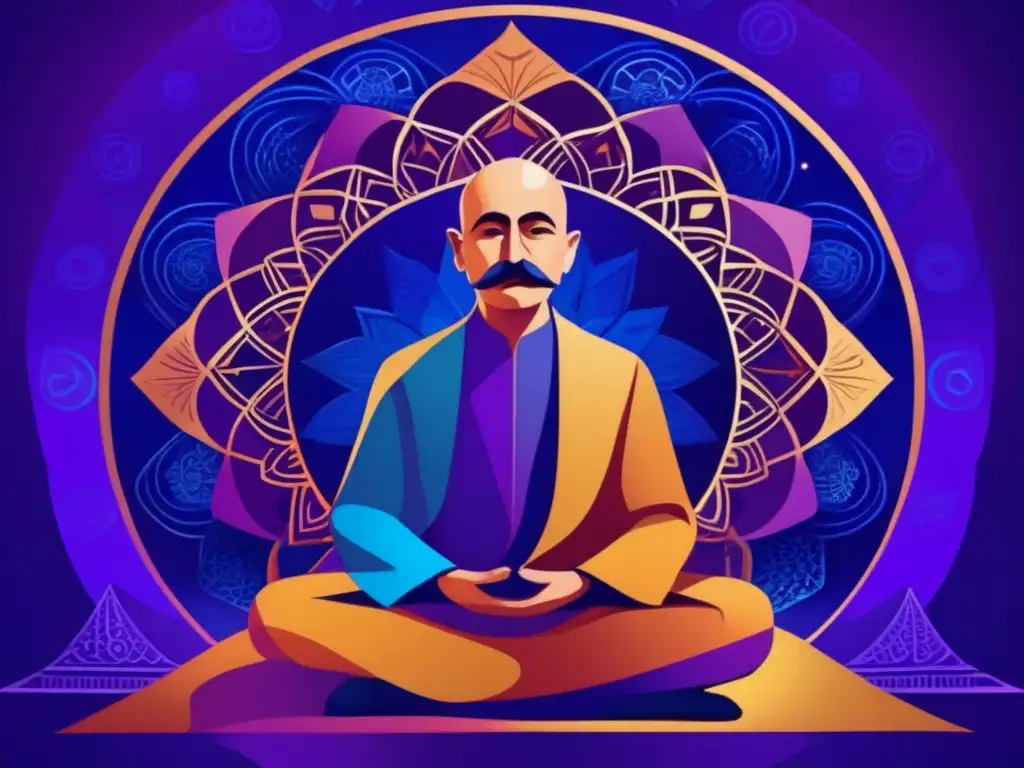 Un retrato digital fascinante de George Gurdjieff en profunda meditación, rodeado de patrones geométricos intrincados que parecen emanar de su cuerpo