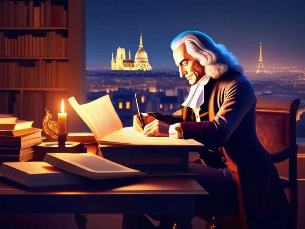 Un retrato digital de Voltaire, filósofo ilustrado, inmerso en su trabajo rodeado de libros y papeles, iluminado por la tenue luz de una vela