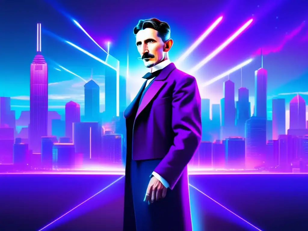 Un retrato digital de alta resolución de Nikola Tesla frente a una ciudad futurista llena de luces azules y moradas