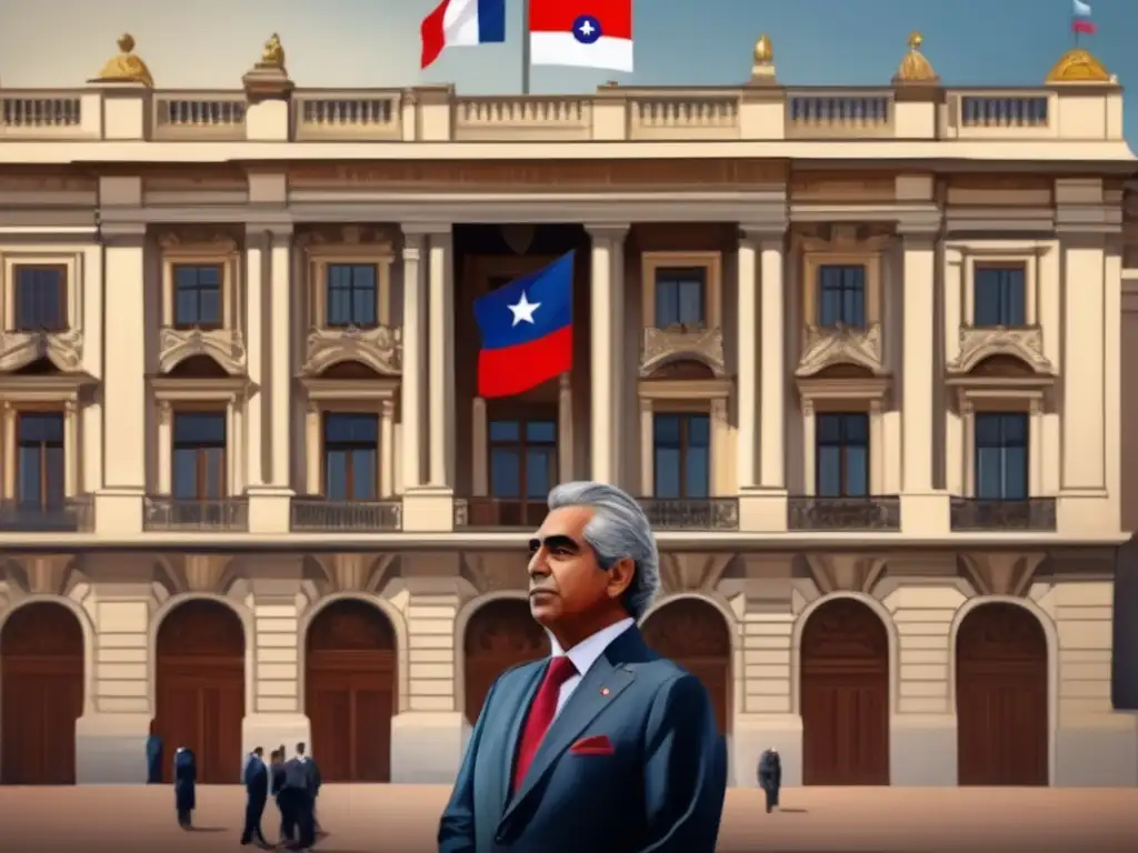 Un retrato digital de alta resolución de Eduardo Frei Montalva frente al palacio presidencial chileno, La Moneda