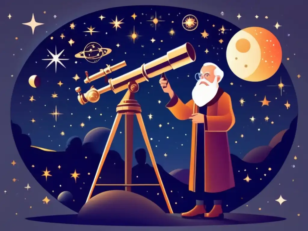 Un retrato digital de Galileo Galilei frente a un telescopio, con detalles de galaxias en sus ojos